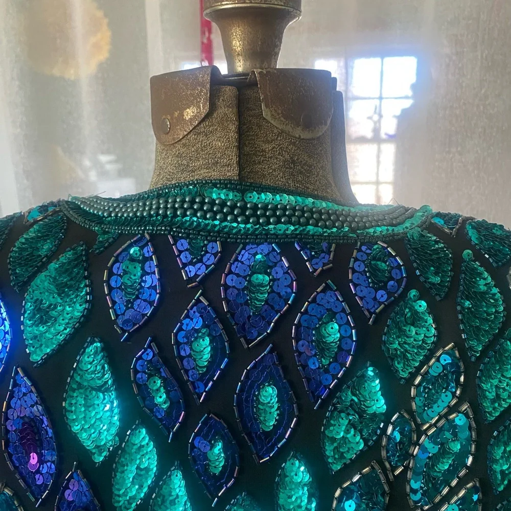 Vintage 80s Oleg Cassini Black Tie Black Silk Jacket Designer Turquoise Purple M - Picture 8 of 8